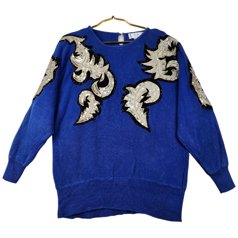 Vintage 80s P.A. International Faded Blue Sequin Patch Crop Sleeve Knit Sweater